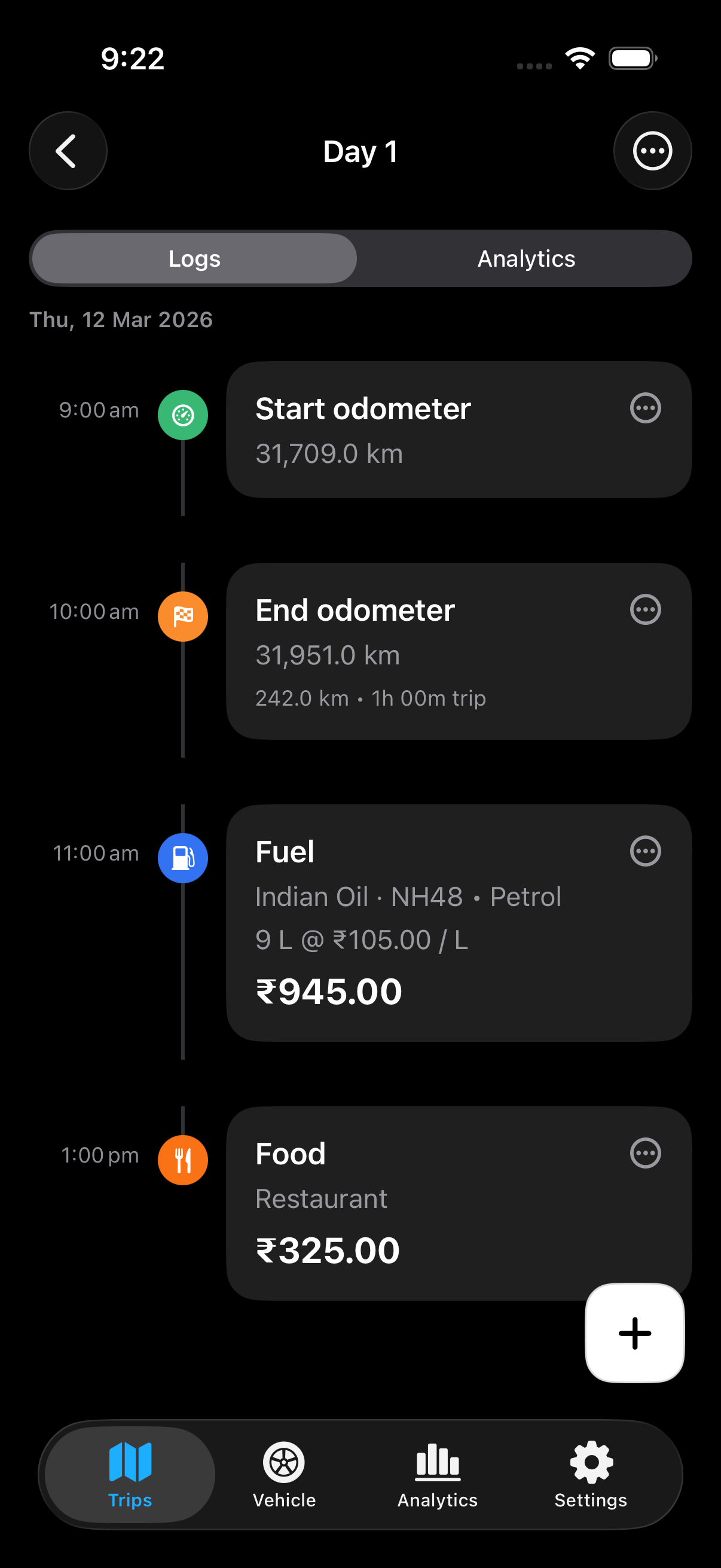 Day 1 — odometer, fuel, and expense logs