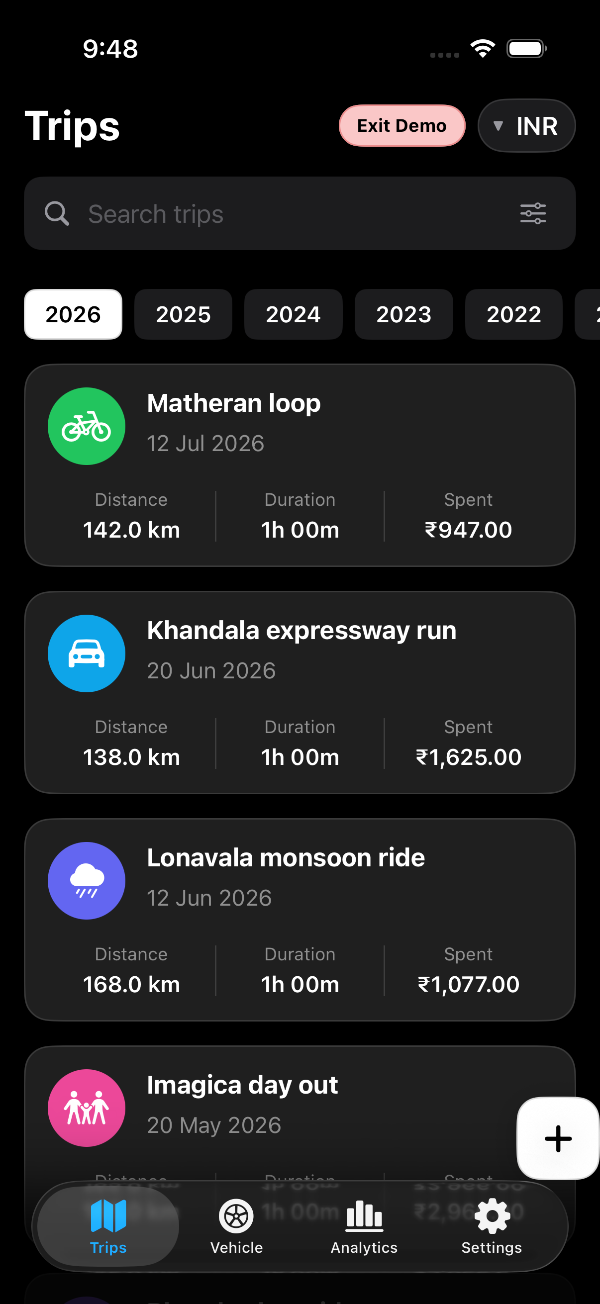 Trips list with upcoming and past rides